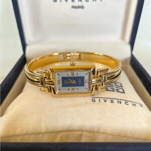 Vintage Givenchy Gold-tone Bracelet Bangle Watch with White Mavy Dial